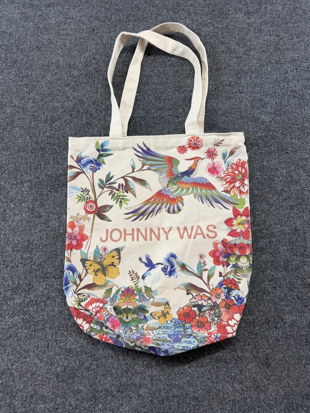 Johnny Was Tote Bag Womens Large Beige Floral Bird Butterfly Print California